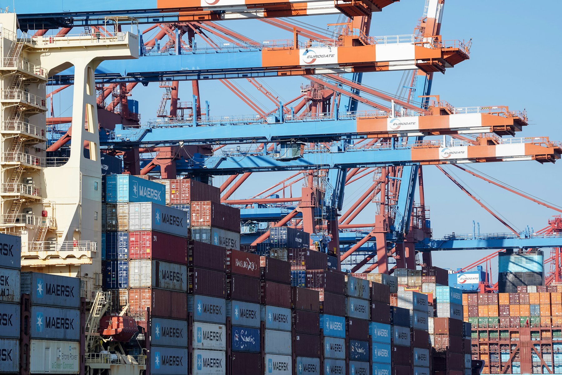 Shipping containers on a vessel at a port